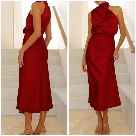 NEW Chic Draped Wrap Halter Neck Satin Midi Dress Red - Picture 1 of 9